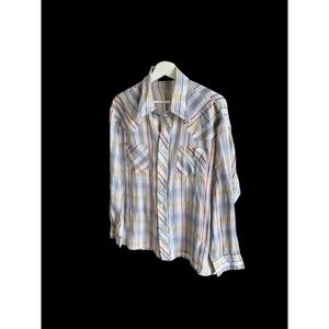 Montgomery Ward Shirt Mens‎ L/XL Blue Plaid Vintage 60's Western Button USA